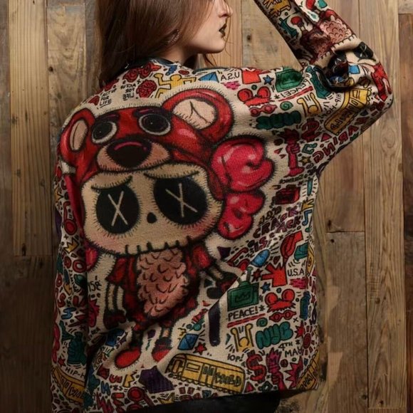 Womens Pullover Sweater Small Beige Red Stretch Crew Neck Print Bear Dolls Relax - Picture 6 of 16